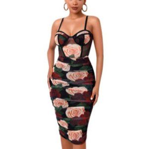 Floral Sleeveless Bodycon Midi Party Dress